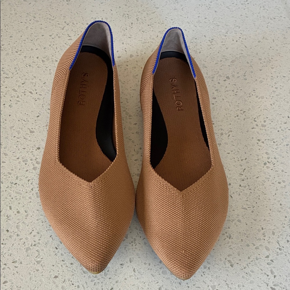 Rothy's Tan Pointed Flats with Blue Trim